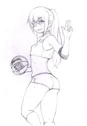 Rule 34 | 1girl, ass, basketball, character request, choker, copyright request, crop top, elbow pads, eyepatch, flat chest, from behind, high ponytail, highres, long hair, looking at viewer, looking back, monochrome, pallasite, short shorts, shorts, socks, solo, standing, sweat, tagme, tank top, v, white background