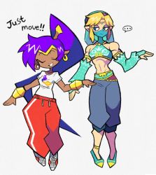 Rule 34 | ..., 1boy, 1girl, abs, armlet, blonde hair, circlet, crossover, dancing, denaseey, detached sleeves, earrings, english text, closed eyes, full body, gerudo set (zelda), green footwear, harem pants, highres, jewelry, link, long hair, mouth veil, nintendo, open mouth, pants, pointy ears, ponytail, print shirt, purple hair, red pants, shantae, shantae (series), shirt, shoes, short hair, short sleeves, simple background, smile, sweatdrop, sweatpants, t-shirt, the legend of zelda, vambraces, veil, very long hair, white background, white shirt