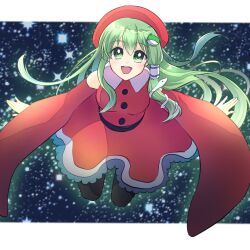 Rule 34 | 1girl, christmas, commentary request, dress, frog hair ornament, green eyes, green hair, hair ornament, hat, kochiya sanae, long hair, looking at viewer, open mouth, red dress, red headwear, red skirt, skirt, snake hair ornament, touhou, user rtxp2877