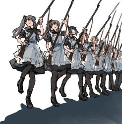 Rule 34 | 6+girls, apron, bayonet, black eyes, black legwear, boots, bow, brown eyes, combat boots, commentary, gun, gun sling, hair bow, hogeo, long hair, maid, marching, military, multiple girls, musket, original, pantyhose, serious, shadow, short hair, simple background, sketch, twintails, walking, weapon, white background