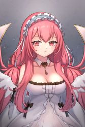 Rule 34 | 1girl, :/, azur lane, bare shoulders, blue hairband, bow, breasts, center frills, cleavage, closed mouth, collarbone, commentary, detached collar, dress, feathered wings, frilled dress, frilled hairband, frills, grey background, hair bow, hairband, highres, key, long hair, medium breasts, miya (miyaruta), perseus (azur lane), pink hair, red bow, red eyes, solo, strapless, strapless dress, very long hair, white dress, white wings, wing collar, wings