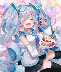 Rule 34 | 1girl, :d, absurdres, black skirt, black thighhighs, blue hair, blue necktie, bow, closed eyes, commentary request, detached sleeves, food, food-themed hair ornament, fruit, fuinagi (huyuu mm), hair bow, hair ornament, hairclip, hatsune miku, heart, heart hair ornament, highres, holding, holding food, holding fruit, holding plate, long hair, necktie, open mouth, partial commentary, plate, shirt, skirt, smile, solo, spring onion, strawberry, strawberry hair ornament, thighhighs, twintails, vocaloid, white shirt, zettai ryouiki