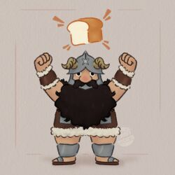 Rule 34 | 1boy, arms up, beard, blank stare, bread, brown hair, cheekypockets, clenched hands, deformed, dungeon meshi, dwarf, empty eyes, facial hair, fake horns, floating, floating object, food, full body, helmet, highres, horned helmet, horns, loaf of bread, long beard, looking at viewer, male focus, mustache, senshi (dungeon meshi), solo, standing, thick mustache, very long beard