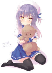 Rule 34 | 1girl, absurdres, black thighhighs, blue neckerchief, blue ribbon, blue sailor collar, blue skirt, buttons, gloves, gradient hair, hair ornament, hairclip, hat, highres, hizaka, holding, holding stuffed toy, kantai collection, long hair, looking at viewer, multicolored hair, neckerchief, orange hair, pleated skirt, puffy short sleeves, puffy sleeves, purple eyes, purple hair, ribbon, sailor collar, sailor hat, school uniform, serafuku, shadow, short hair, short sleeves, sidelocks, signature, simple background, skirt, solo, stuffed animal, stuffed toy, teddy bear, thighhighs, tsushima (kancolle), twitter username, white background, white gloves, white hat
