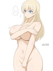 1girl blonde_hair blue_eyes blush bouncing_breasts breasts dated large_breasts long_hair luminous_witches lyudmila_andreyevna_ruslanova navel nude signature simple_background solo unkai_daraku white_background world_witches_series