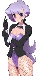 Rule 34 | adapted costume, adjusting clothes, adjusting gloves, anabel (pokemon), blush, bow, bowtie, breasts, covered navel, creatures (company), earphones, fishnet pantyhose, fishnets, formal, game freak, gloves, harubato, highres, lavender leotard, leotard, long hair, looking at viewer, matching hair/eyes, nintendo, pantyhose, playboy bunny, pokemon, pokemon sm, ponytail, purple eyes, purple hair, small breasts, wrist cuffs
