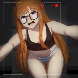 Rule 34 | !, !!, 1girl, absurdres, ahoge, black tank top, blunt bangs, blush, breasts, brown hair, commentary, crop top, embarrassed, english commentary, glasses, groin, highres, long hair, lucky zero, navel, open mouth, orange hair, outstretched arms, paid reward available, panties, persona, persona 5, purple eyes, recording, sakura futaba, selfie, small breasts, solo, striped clothes, striped panties, tank top, thighs, underwear, very long hair, viewfinder