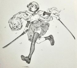 Rule 34 | 1girl, absurdres, asymmetrical legwear, bow, closed mouth, commentary request, dual wielding, full body, greyscale, hair bow, highres, holding, holding sword, holding weapon, konpaku youmu, konpaku youmu (ghost), loafers, mashimashi, monochrome, pleated skirt, running, shoes, short hair, short sleeves, single sock, single thighhigh, skirt, socks, solo, sweat, sword, thighhighs, touhou, traditional media, uneven legwear, weapon
