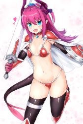 Rule 34 | &gt;:d, 1girl, :d, absurdres, armlet, armor, bikini, bikini armor, black gloves, black thighhighs, blue eyes, blush, breasts, cape, collar, collarbone, commentary request, curled horns, dragon tail, elbow gloves, elizabeth bathory (brave) (fate), elizabeth bathory (fate), fang, fate/grand order, fate (series), gloves, greaves, groin, hair between eyes, heart, highres, holding, holding sword, holding weapon, horn ornament, horn ribbon, horns, jewelry, leg up, long hair, looking at viewer, nanakaku, navel, open mouth, pendant, pink hair, pointy ears, purple ribbon, red armor, red bikini, red collar, ribbon, shield, shiny clothes, shiny skin, shoulder armor, sidelocks, skindentation, small breasts, smile, solo, standing, standing on one leg, swimsuit, sword, tail, thighhighs, tiara, two side up, v-shaped eyebrows, vambraces, weapon, white background, white cape
