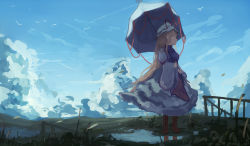Rule 34 | 1girl, absurdres, after rain, armband, bird, blonde hair, blue sky, boots, breasts, brown footwear, cloud, contrail, day, dress, expressionless, grass, highres, knee boots, long hair, long sleeves, looking afar, looking to the side, mifuru, outdoors, petals, puddle, railing, red eyes, reflection, ribbon trim, sidelocks, sky, solo, tabard, touhou, umbrella, very long hair, water, white dress, wide sleeves, wind, yakumo yukari