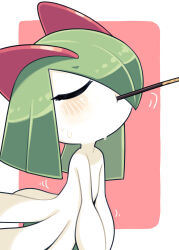 Rule 34 | closed eyes, colored skin, creatures (company), food, food in mouth, game freak, gen 3 pokemon, green hair, hair over one eye, highres, horns, ino (tellu0120), kirlia, multicolored skin, nintendo, pink background, pocky, pocky in mouth, pokemon, pokemon (creature), sidelocks, simple background, sweat, two-tone skin, v arms, white skin