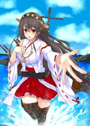 Rule 34 | 10s, 1girl, :d, absurdres, bare shoulders, black hair, blue sky, boots, breasts, brown eyes, day, full body, hair ornament, hairclip, hand on own chest, haruna (kancolle), headgear, highres, kantai collection, large breasts, long hair, looking at viewer, machinery, nontraditional miko, open mouth, outstretched arm, red skirt, skirt, sky, smile, solo, syun3783, thigh boots, thighhighs