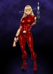 Rule 34 | 1girl, abs, arm cannon, belt, black background, blonde hair, blue eyes, breasts, cigar, cobra (space adventure cobra), cyborg, full body, genderswap, genderswap (mtf), high heels, highres, impossible clothes, lips, long hair, mouth hold, po-ju, psychogun, science fiction, shoes, simple background, skin tight, solo, space adventure cobra, standing, toned, weapon