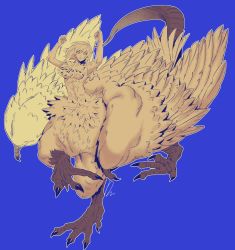 Rule 34 | 1girl, arms up, blue background, chimera, claws, completely nude, dragon girl, dungeon meshi, falin touden, falin touden (chimera), feathered wings, full body, highres, looking down, monochrome, monster girl, now drawing, nude, scales, short hair, solo, spoilers, taur, wings, yellow eyes