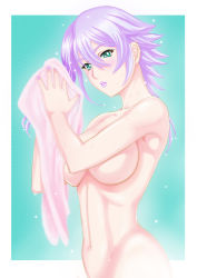 Rule 34 | bare shoulders, blush, breasts, green eyes, large breasts, nail polish, nude, purple hair, queen&#039;s blade, shizuka (queen&#039;s blade), short hair, solo, towel, yuki1977