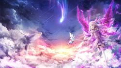 Rule 34 | 1girl, boots, cloud, cloudy sky, comet, commentary request, dress, elbow gloves, fate/kaleid liner prisma illya, fate (series), feather hair ornament, feathers, gloves, hair ornament, highres, holding, holding wand, illyasviel von einzbern, kaleidostick, magical girl, magical ruby, pink footwear, pink gloves, pink thighhighs, prisma illya, red eyes, sky, solo, star (sky), starry sky, thigh boots, thighhighs, two side up, utatanecocoa, wand, white hair