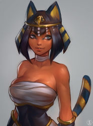 Rule 34 | 1girl, animal crossing, animal ears, ankha (animal crossing), bad id, bad tumblr id, bandaged neck, bandages, bare shoulders, black eyes, black hair, bob cut, bracer, breasts, cat ears, cat girl, cat tail, chest sarashi, cleavage, commentary, corset, crossover, dark-skinned female, dark skin, egyptian, eliza (skullgirls), english commentary, eyeliner, fang, fusion, gold trim, grey background, highres, large breasts, lip biting, lips, makeup, nat the lich, nintendo, parted lips, sarashi, skullgirls, solo, strapless, tail, tiara, trait connection, upper body