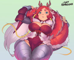 Rule 34 | 1girl, 2017, antlers, arm guards, arm up, armor, artist name, blue eyes, breasts, cleavage, commentary, covered navel, curvy, dragon girl, dragon tail, fur, gauntlets, green background, grey legwear, highres, horns, hugging own tail, hugging tail, jun (lunar regalia), large breasts, lips, looking at viewer, lunar regalia, making-of available, norasuko, parted lips, pelvic curtain, red hair, ribbon, rope, short hair, signature, solo, tail, thick eyebrows, thick thighs, thighs, underbust, vambraces, wide hips, yellow ribbon