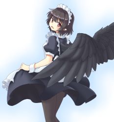 Rule 34 | 1girl, alternate costume, bird wings, black dress, black hair, black pantyhose, black wings, dress, enmaided, isaki (gomi), maid, maid headdress, open mouth, pantyhose, pink eyes, pointy ears, puffy short sleeves, puffy sleeves, shameimaru aya, short sleeves, smile, solo, touhou, wings, wrist cuffs