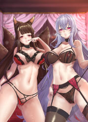 Rule 34 | 2girls, akagi (azur lane), animal ears, areola slip, azur lane, bare shoulders, black bra, black choker, black hair, black legwear, black panties, blush, bra, breasts, choker, cleavage, closed mouth, collarbone, commentary request, covered erect nipples, curtains, eva (hq8nn1ef), eyeliner, eyeshadow, female pubic hair, fox ears, fox tail, garter belt, garter straps, gluteal fold, graf zeppelin (azur lane), groin, hair between eyes, half-closed eyes, heart, heart-shaped pupils, highres, indoors, kitsune, large breasts, licking, licking finger, light particles, lips, long hair, looking at viewer, makeup, multiple girls, multiple tails, navel, panties, panties under garter belt, panty tug, parted lips, pink lips, pubic hair, pubic hair peek, purple eyes, red bra, red eyes, red panties, see-through, shiny skin, side-tie panties, sidelocks, silver hair, skindentation, smile, standing, stomach, symbol-shaped pupils, tail, thighhighs, tongue, tongue out, underwear, very long hair