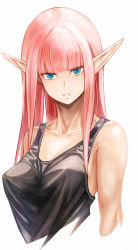 Rule 34 | 1girl, black shirt, blue eyes, blunt bangs, breasts, cleavage, collarbone, covered erect nipples, cropped arms, cropped torso, highres, long hair, looking at viewer, medium breasts, original, parted lips, pink hair, pointy ears, shirt, simple background, sleeveless, sleeveless shirt, solo, straight hair, sushi (sashimise), upper body, white background