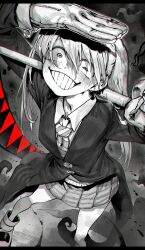 Rule 34 | 1girl, absurdres, arm up, clenched teeth, coat, crazy, crazy eyes, crazy smile, diagonal-striped clothes, diagonal-striped necktie, gloves, greyscale, grin, highres, holding, holding scythe, holding weapon, long hair, long sleeves, maka albarn, messy hair, monochrome, necktie, niwarhythm, pleated skirt, scythe, skirt, sleeve cuffs, smile, solo, soul eater, spot color, standing, striped clothes, teeth, twintails, weapon