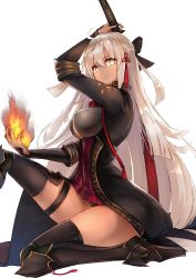 Rule 34 | 1girl, ahoge, arm guards, armor, black bow, black coat, black legwear, bow, breasts, closed mouth, coat, commentary request, dark-skinned female, dark skin, fate/grand order, fate (series), fire, hair between eyes, hair bow, hair ornament, highres, holding flame, japanese armor, jazztaki, katana, knee up, large breasts, long hair, looking at viewer, okita souji (fate), okita souji (koha-ace), okita souji alter (fate), red skirt, simple background, sitting, skirt, solo, suneate, sword, thigh strap, thighs, underboob, very long hair, weapon, white background, white hair, yellow eyes