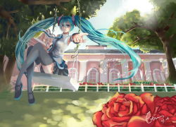 Rule 34 | 1girl, aqua eyes, aqua hair, artist name, bad id, bad pixiv id, dated, detached sleeves, etin, floating hair, flower, hatsune miku, long hair, mary janes, necktie, outstretched arm, rose, shoes, skirt, solo, swing, swinging, thighhighs, tree, twintails, very long hair, vocaloid