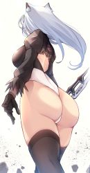 Rule 34 | 1girl, 2b (nier:automata), 2b (nier:automata) (cosplay), absurdres, animal ears, ass, ass focus, back cutout, black gloves, black thighhighs, breasts, chan&#039;nu (vtuber), clothing cutout, cosplay, floating hair, from behind, gloves, highres, holding, holding weapon, indie virtual youtuber, leotard, long hair, nier:automata, nier (series), rikiddo (tise 00), simple background, skindentation, solo, thighhighs, virtual youtuber, weapon, wedgie, white background, white hair