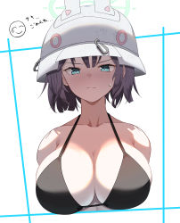 Rule 34 | 1girl, absurdres, bare shoulders, bikini, black bikini, blue archive, blue eyes, blush, breasts, brown hair, bureoeve, cleavage, closed mouth, collarbone, commentary, cropped torso, halo, helmet, highres, large breasts, looking at viewer, combat helmet, nose blush, saki (blue archive), short hair, simple background, smiley face, solo, stahlhelm, sweatdrop, swimsuit, upper body, v-shaped eyebrows, white background, white headwear