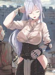 Rule 34 | 1girl, ak-12 (girls&#039; frontline), alternate costume, belt, black bra, boca, bra, breasts, commentary, elbow gloves, closed eyes, girls&#039; frontline, gloves, hip vent, large breasts, long hair, open mouth, see-through, shirt, silver hair, solo, sword, underwear, weapon, wet, wet clothes, wet shirt