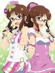 Rule 34 | :d, akizuki ritsuko, bad id, bad pixiv id, bow, brown eyes, brown hair, collar, cross, cute &amp; girly (idolmaster), dual persona, earrings, glasses, hair bow, highres, idol, idolmaster, idolmaster (classic), jewelry, looking at viewer, md5 mismatch, microphone, multiple girls, nanairo button (costume), open mouth, pink bow, ponytail, smile, sparkle, travesters