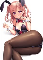 Rule 34 | 1girl, animal ears, arm strap, armpit crease, ass, bang dream!, bare shoulders, black leotard, bow, bowtie, breasts, brown pantyhose, chestnut mouth, commentary, detached collar, fake animal ears, fake tail, feet out of frame, hair bow, hands up, hiromachi nanami, lambda (kusowarota), leotard, light blush, light brown hair, long hair, looking at viewer, lying, medium breasts, on side, pantyhose, parted lips, pink eyes, playboy bunny, rabbit ears, rabbit tail, red bow, red bowtie, shadow, simple background, solo, strapless, strapless leotard, tail, two side up, white background, wrist cuffs