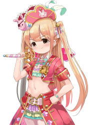 Rule 34 | 1girl, absurdres, belt, bikini, bikini skirt, bikini under clothes, blonde hair, blush, bow, bracelet, carrying over shoulder, closed mouth, commentary request, cowboy shot, cropped jacket, detached collar, flat chest, frilled bikini, frills, futaba anzu, groin, hair between eyes, hand on own hip, hat, hat feather, highres, holding, holding wand, idolmaster, idolmaster cinderella girls, idolmaster cinderella girls starlight stage, jacket, jewelry, korean commentary, long hair, looking at viewer, midriff, multicolored bikini, multicolored clothes, navel, open clothes, open jacket, pink belt, pink jacket, pirate costume, pirate hat, short sleeves, sidelocks, simple background, smile, solo, standing, stuffed animal, stuffed rabbit, stuffed toy, swimsuit, sylph kim, two side up, waistcoat, wand, white background
