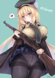 Rule 34 | 1girl, absurdres, artist name, beret, black pantyhose, blonde hair, blue skirt, blush, bow, bow panties, breasts, brown jacket, brown shirt, character name, clothes lift, girls&#039; frontline, green background, green eyes, green necktie, gun, hand on weapon, hat, heart, heart print, highres, jacket, large breasts, long hair, looking down, m1 garand, m1 garand (girls&#039; frontline), martinreaction, military, military hat, military uniform, necktie, panties, panties under pantyhose, pantyhose, rifle, shirt, skirt, skirt lift, solo, underwear, uniform, weapon, white panties
