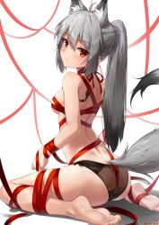 Rule 34 | 1girl, absurdres, animal ears, ass, back tattoo, barefoot, black panties, breasts, closed mouth, earrings, fang, fox ears, from behind, grey hair, highres, jewelry, long hair, looking at viewer, looking back, medium hair, naked ribbon, original, panties, ponytail, red eyes, rei (9086), ribbon, sitting, soles, solo, tail, tattoo, toes, underwear, very long hair, wariza, wolf girl, wolf tail