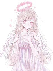 Rule 34 | 1girl, angel, angel wings, bare shoulders, blonde hair, blush, braid, breasts, closed mouth, clothing cutout, collarbone, dress, feathered wings, flower, halo, hand up, heart, highres, kotono n0, long hair, looking at viewer, original, pink eyes, pink flower, shoulder cutout, simple background, small breasts, solo, tears, twin braids, very long hair, white background, white dress, white wings, wings