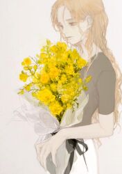 Rule 34 | 1girl, 2019, blonde hair, bouquet, cowboy shot, curly hair, flower, forehead, grey background, grey eyes, grey shirt, holding, holding bouquet, long hair, looking ahead, original, pale skin, parted lips, shirt, signature, simple background, skirt, solo, standing, syalgu, watermark, white skirt, yellow flower