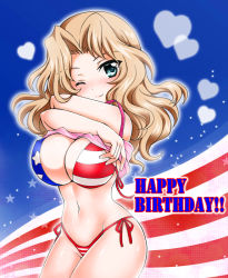 Rule 34 | 10s, 1girl, american flag, american flag bikini, bikini, blonde hair, blue eyes, breasts, camisole, cleavage, closed mouth, clothes lift, commentary request, cowboy shot, english text, flag background, flag print, girls und panzer, hair intakes, happy birthday, kay (girls und panzer), kuromori yako, large breasts, long hair, looking at viewer, navel, no pants, one eye closed, pink shirt, shirt, shirt lift, side-tie bikini bottom, smile, solo, standing, swimsuit