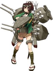 Rule 34 | 10s, 1girl, alternate costume, brown hair, cannon, flight deck, full body, game cg, hair ribbon, ise (kancolle), japanese clothes, kantai collection, katana, machinery, nontraditional miko, official art, ponytail, radar, ribbon, sandals, shibafu (glock23), skirt, solo, sword, transparent background, turret, weapon