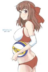 Rule 34 | 1girl, ass, ball, beach volleyball, brown eyes, brown hair, closed mouth, commentary, cowboy shot, dated, dosaken, elbow pads, from side, girls und panzer, headband, holding, holding ball, kondou taeko, looking at viewer, looking back, medium hair, mikasa sports, one-hour drawing challenge, red headband, simple background, skindentation, smile, solo, sports bikini, sportswear, standing, sweat, twitter username, volleyball, volleyball (object), volleyball uniform, white background