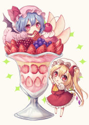 Rule 34 | 2girls, arms up, ascot, bat wings, beige background, blue hair, blush, cherry, chibi, commentary request, crystal, cup, dress, drinking glass, flandre scarlet, food, fruit, grapes, hair between eyes, hat, hat ribbon, highres, holding, holding food, holding fruit, ice cream, kyouda suzuka, long hair, looking at viewer, looking up, lying, mini person, minigirl, mob cap, multiple girls, on stomach, one side up, parted lips, petticoat, pink dress, pink headwear, puffy short sleeves, puffy sleeves, raspberry, red eyes, red footwear, red ribbon, red skirt, red vest, remilia scarlet, ribbon, shirt, shoes, short hair, short sleeves, siblings, simple background, sisters, skirt, standing, strawberry, sundae, touhou, vest, white headwear, white shirt, wings, yellow ascot