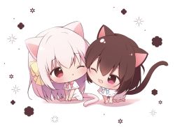 Rule 34 | 2girls, ;d, all fours, animal ears, barefoot, big head, brown hair, capelet, cat ears, cat girl, cat tail, cheek-to-cheek, chibi, colored shadow, commentary, dress, frilled dress, frills, grey hair, hair between eyes, heads together, long hair, miyasaka naco, multiple girls, one eye closed, open mouth, original, red eyes, shadow, sitting, smile, symbol-only commentary, tail, very long hair, white background, white capelet, white dress