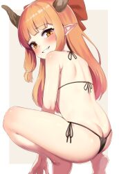 Rule 34 | 1girl, alternate costume, ass, back, bikini, black bikini, blunt bangs, blush, bow, brown background, brown eyes, brown horns, butt crack, commentary request, full body, grin, hair bow, highres, horns, ibuki suika, long hair, looking at viewer, nishiuri, orange hair, pointy ears, red bow, side-tie bikini bottom, smile, solo, squatting, swimsuit, touhou, two-tone background, white background