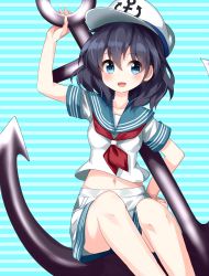 Rule 34 | 1girl, anchor, anchor symbol, arm up, black hair, blue background, blue eyes, blush, breasts, collarbone, commentary request, feet out of frame, hair between eyes, hand on own hip, hat, highres, horizontal-striped background, looking at viewer, medium breasts, midriff, murasa minamitsu, navel, open mouth, peaked cap, red neckwear, ruu (tksymkw), sailor collar, sailor hat, shirt, short hair, short sleeves, sitting, skirt, smile, solo, thighs, touhou, white shirt, white skirt