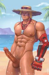 Rule 34 | 1boy, abs, blonde hair, body hair, cassidy (overwatch), erection, hairy legs, hairy testicles, hat, highres, k-sen, lifeguard, lifeguard cassidy, male focus, muscular, outdoors, overwatch, overwatch 1, penis, solo, testicles, uncensored