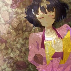 Rule 34 | 1girl, autumn leaves, awaji masaru, black hair, book, closed eyes, hanekawa tsubasa, monogatari (series), school uniform, short hair, solo