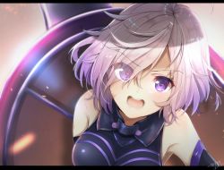 Rule 34 | 1girl, armpits, bare shoulders, black dress, blush, breasts, collared dress, commentary request, detached sleeves, dress, dutch angle, eyes visible through hair, fate/grand order, fate (series), hair over one eye, himemiya shuang, light purple hair, looking at viewer, mash kyrielight, medium breasts, open mouth, purple eyes, shield, signature, sleeveless, sleeveless dress, solo, teeth, upper body, upper teeth only, v-shaped eyebrows