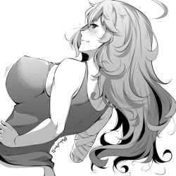 Rule 34 | 1girl, ahoge, amputee, ass, blush, breasts, butt crack, from behind, greyscale, highres, large breasts, long hair, lulu chan92, monochrome, rwby, smile, yang xiao long