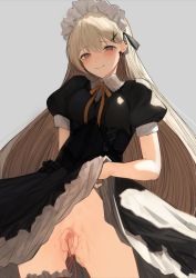 Rule 34 | 1girl, asymmetrical legwear, blonde hair, blush, breasts, brown eyes, censored, clothes lift, commentary request, dress, dress lift, earrings, egg vibrator, female pubic hair, frilled hairband, frills, girls&#039; frontline, gothic lolita, hairband, highres, jaaku (ra 9rara), jewelry, lolita fashion, long hair, medium breasts, mosaic censoring, no panties, ppk (girls&#039; frontline), pubic hair, puffy short sleeves, puffy sleeves, pussy, pussy juice, sex toy, short sleeves, smile, solo, spread pussy, uneven legwear, very long hair, vibrator